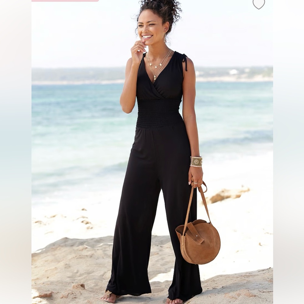 Victoria’s Secret Lascana Tie-Shoulder Black Smocked Waist Jumpsuit, NWOT Size 8